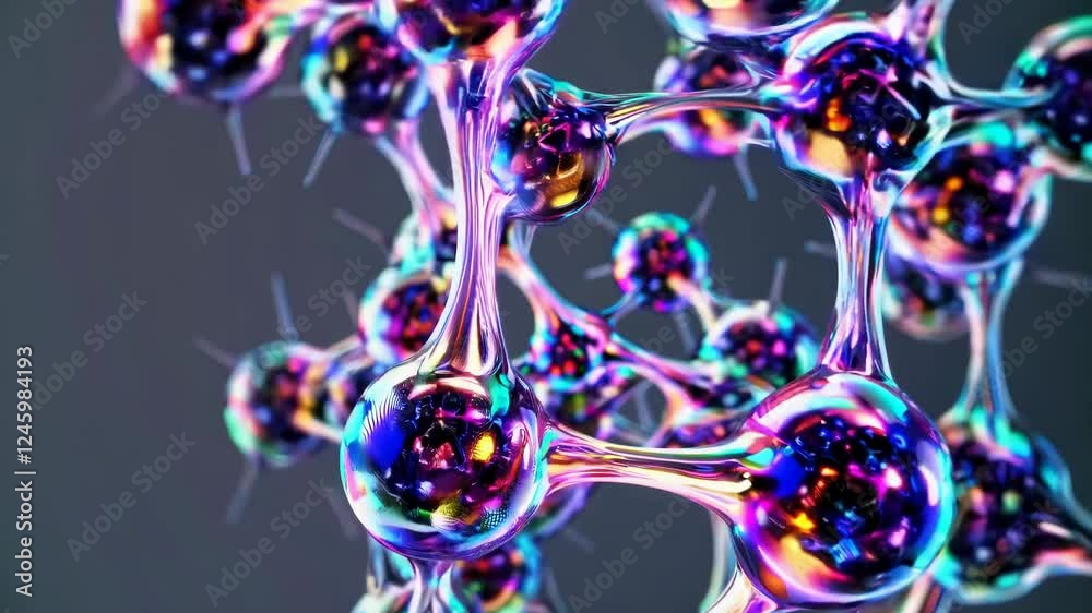 Poster A close-up of a complex molecular structure with textured spherical nodes connected by organic strands.