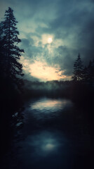 Fototapeta premium A serene landscape capturing the reflection of trees and a moody sky in a tranquil river