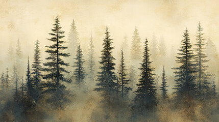 Misty forest background with towering evergreen trees fading into a textured fog
