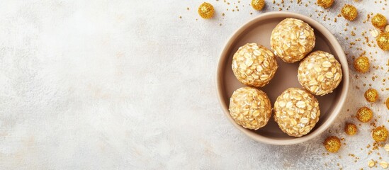 Golden Sparkling Oat Protein Balls in Neutral Bowl with Text Space and Decorative Elements on Light Background