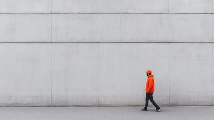 Worker walking city concrete wall background
