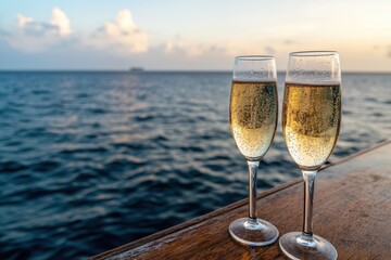Two champagne flutes sit on a wooden surface overlooking the ocean at sunset.