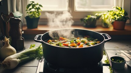 Zero Waste Vegetable Broth. Rustic pot filled with vegetable broth, made from vibrant scraps of carrots, leeks, onion peels, celery leaves.
