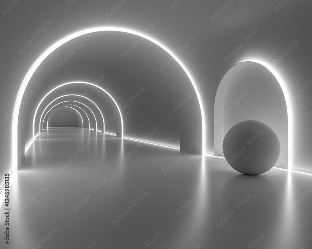 Poster Illuminated archway tunnel; sphere; reflective floor; futuristic background; abstract design
