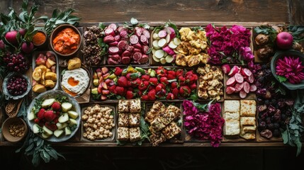 Fototapeta premium Brunch board overflowing with protein rich vegetarian bites, styled with a mix of rustic and modern elements