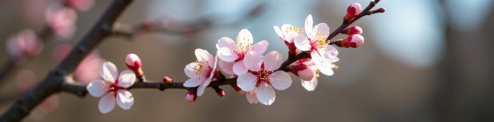 Delicate blossoms unfolding on a bare tree branch, flowers, almond, tree