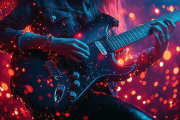 Obraz premium A musician passionately plays an electric guitar, surrounded by vibrant colors and glowing lights, creating a dynamic and energetic atmosphere.
