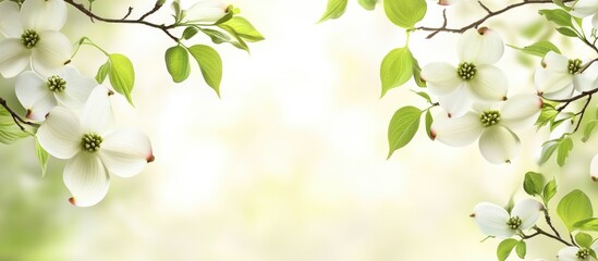 Closeup of fully opened white dogwood flowers on tree branches with fresh green leaves in a serene springtime background and ample copy space
