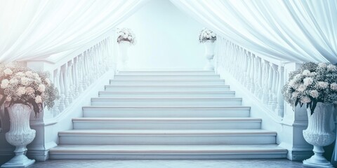 Elegant white wedding staircase adorned with floral arrangements and draped fabric creating a romantic fairytale atmosphere with empty text space