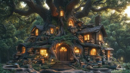 Fototapeta premium Enchanted Treehouse Library, Forest Night