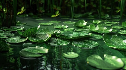 Lush green lily pads floating on tranquil water, surrounded by vibrant foliage in a serene setting