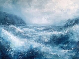 Naklejka premium Dramatic Seascape Painting with Crashing Waves and Misty Coastal Views