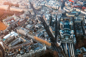 Aerial of Charing cross station and Trafalgar square, London, England