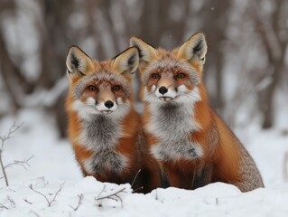 Two adorable red foxes are sitting side by side in a snowy winter landscape