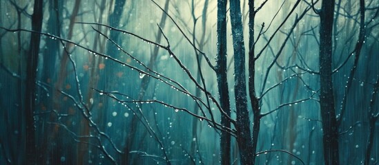 Bare Forest in Early Spring with Wooden Branches and Rain Drops Close-Up on a Misty Rainy Day