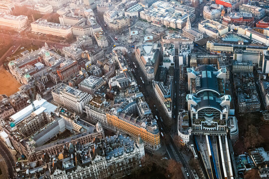 Aerial of Charing cross station and Trafalgar square, London, England