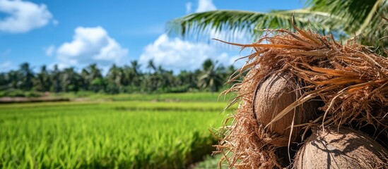 Dried coconut leaves in foreground with clear sky and lush green rice field creating a serene tropical landscape scene.