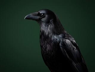 A striking portrait of a raven against a dark green background.