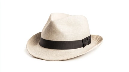 Beige fedora hat, black ribbon, white background, fashion accessory