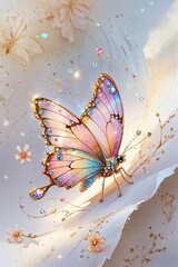 Jeweled Butterfly With Sparkling Wings Sits on Fabric with Small Flowers and Sparkles
