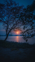 Fototapeta premium A serene twilight scene featuring a lone tree by the water, with the sun setting on the horizon