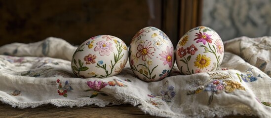 Beautifully decorated Easter eggs with floral patterns displayed on an embroidered tablecloth for a festive spring or holiday setting.