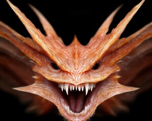 A ferocious orange dragon with sharp teeth and a menacing stare.