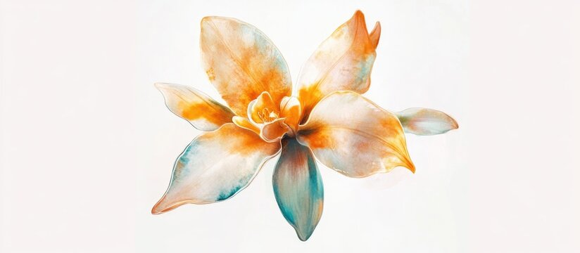 Elegant watercolor orchid flower with soft orange and blue hues isolated on white background for botanical design and decor.