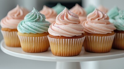 Delicious cupcakes with pastel frosting and sprinkles on a white cake stand.
