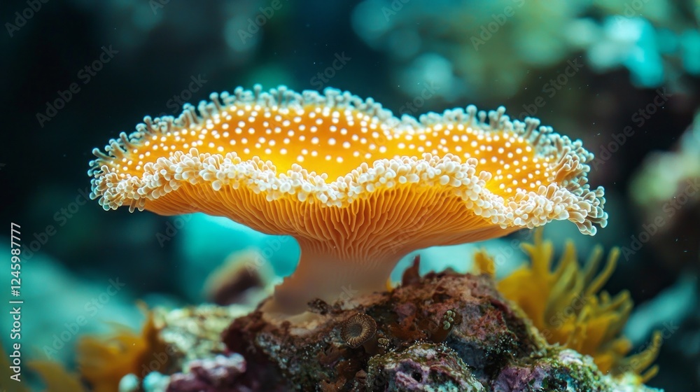 Poster a stunning coral mushroom displays its vibrant orange hue while surrounded by a diverse array of mar