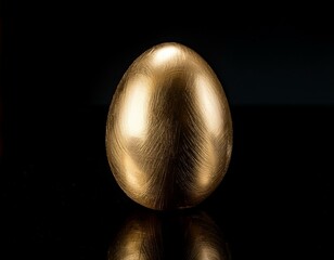 A golden egg placed on a reflective black surface, with dramatic lighting creating a striking contrast, highlighting its smooth surface and luxurious shine.