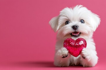 Cute maltese hound with sparkling rhinestones red heart - sign of love, funny greeting card. Marketing conceptual art. Maltese - my treasured dog. Heart-shaped toys. Red heart and cute dog.