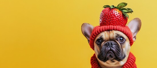 French Bulldog in Strawberry Costume against Yellow Background Playful Dog Fashion Banner with Space for Text and Advertising