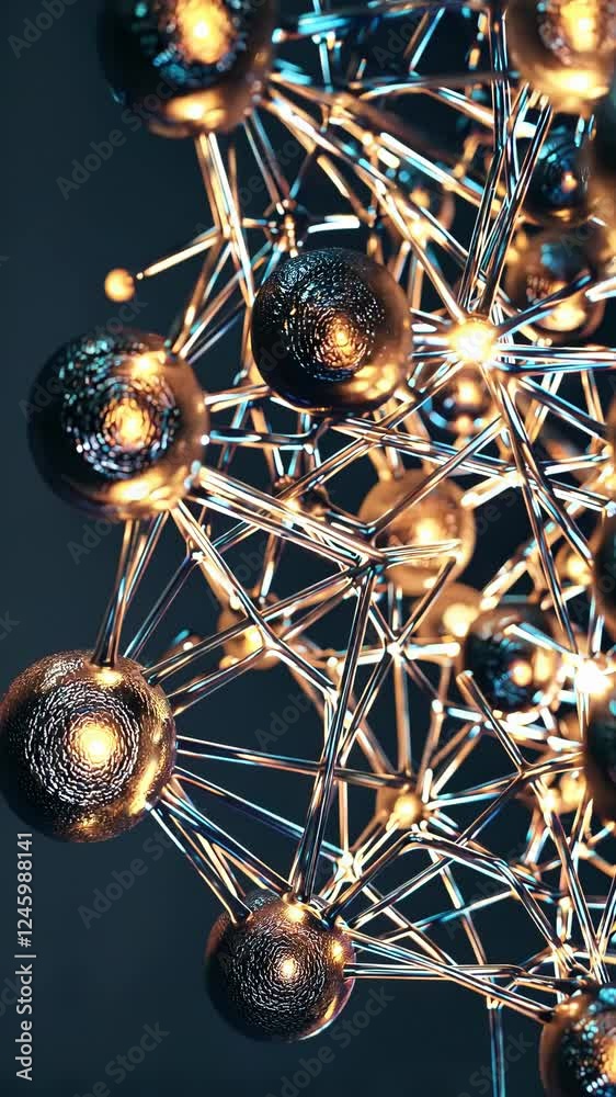Poster A close-up of a complex molecular structure with textured spherical nodes connected by organic strands.