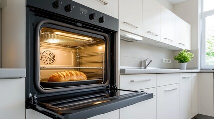 Obraz premium Bright and spacious kitchen features minimalist design, elegant cabinetry, and a dining table set for a meal in natural light.