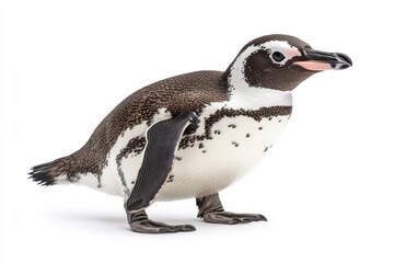 Obraz premium Adorable Young Penguin Standing on White Background with Detailed Feathers and Bright Eyes