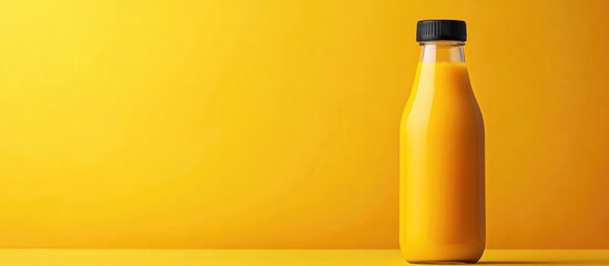 Mango fruit smoothie cocktail bottle on vibrant yellow background with ample space for text and branding elements