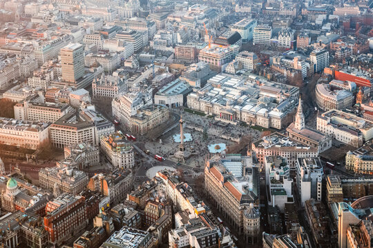 Aerial view of Trafalgar square at sunset, London, United Kingdom