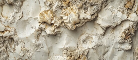Fossilized seashells embedded in limestone showcasing natural textures and earth tones ideal for geology or nature-related projects.