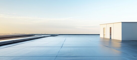Geotextile installation on a commercial roof featuring a smooth synthetic PVC membrane under a clear blue sky.