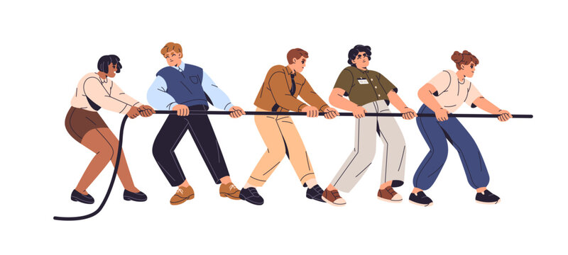 People tug of war. Concept of business confrontation. Employees team dragging, pulls rope. Group of office workers contest against competitors in teamwork. Flat isolated vector illustration on white