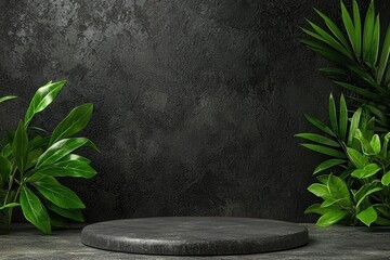 Product display podium with tropical leaves against a dark textured background.