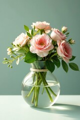 Obraz premium Delicate glass bow filled with quince flowers and greenery, floral, flowers, foliage