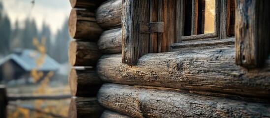 Log house corner with intricately carved window jambs showcasing rustic architecture and natural surroundings in a serene setting.