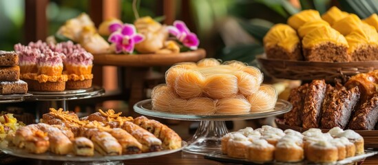 Bakery display featuring an assortment of colorful pastries and desserts with decorative elements and vibrant flowers.
