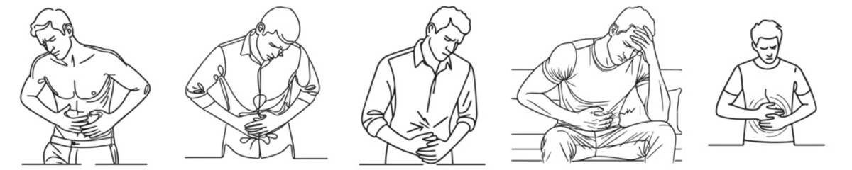 continuous line set man stomach ache