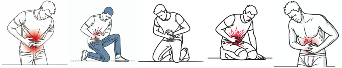 continuous line set man stomach ache