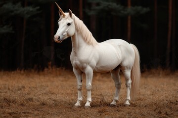 Majestic white unicorn standing in a field.
