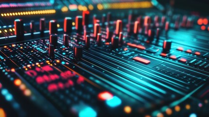 Neon Soundboard:  A vibrant close-up of a futuristic audio mixer, glowing with electric blue and red hues, showcasing intricate details and illuminated buttons.