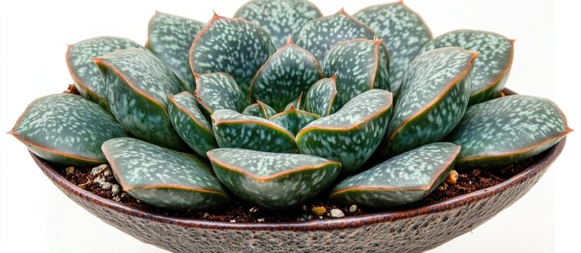 Faucaria tigrina succulent in decorative pot displaying unique leaf patterns against a minimalistic white background top view